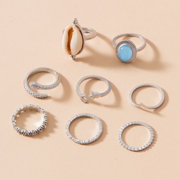 New Adorable Mother's Aqua Blue Silver Ring Set 8p - Picture 3 of 4